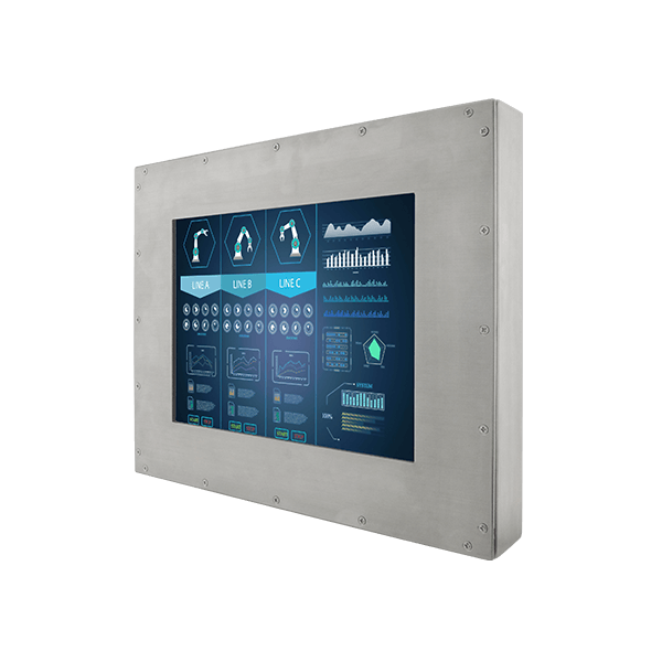 Small waterproof stainless steel screen for display in frequently washed areas, resistant to aggressive and corrosive products, 