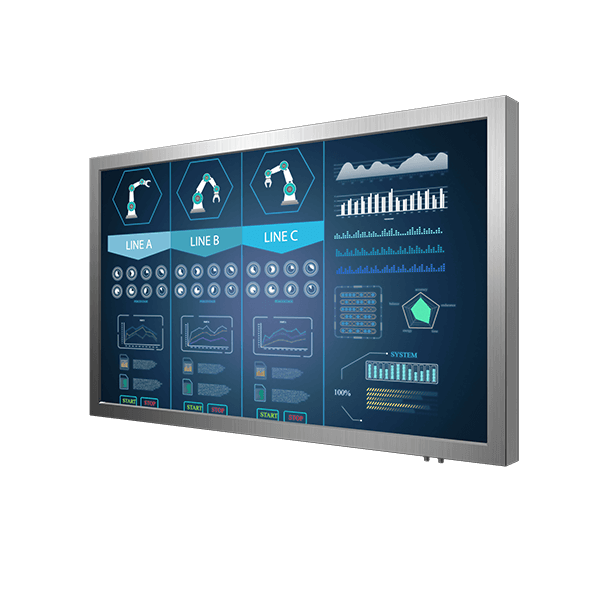Moniteur 55" protection IP65 renforcée, contrôle vidéo, boîtier en acier inoxydable anticorrosion 6 faces, conçu pour des enviro