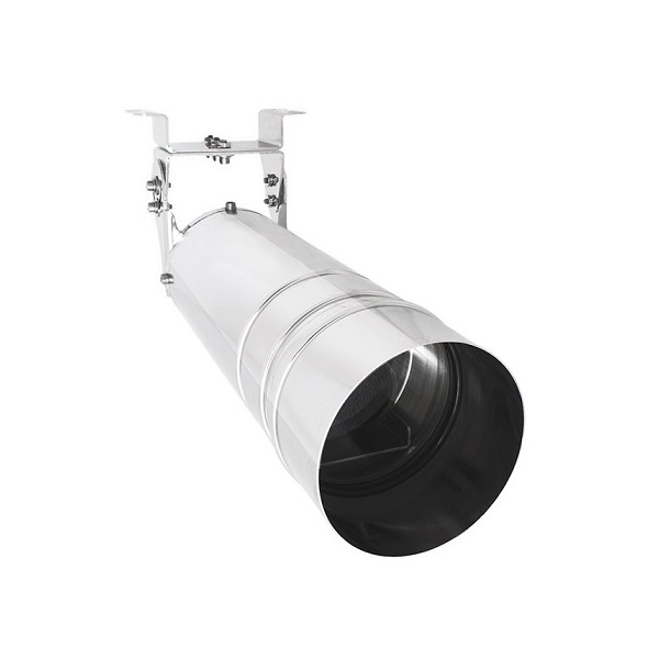 Surveillance camera for road tunnels with anti-glare inclined glass and high resistance.